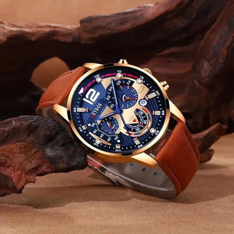 2PCS Set Fashion Calendar Watches Male Business Casual Brown Leather - Inspirational Watches