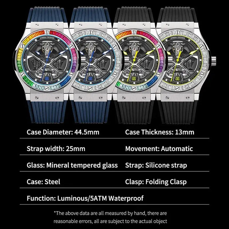 PINDU Watches High Quality Luxury Color Diamond Mechanical Watch For Men Waterproof Stainless Steel Silicone Strap Fashion Watch Inspirational Watches