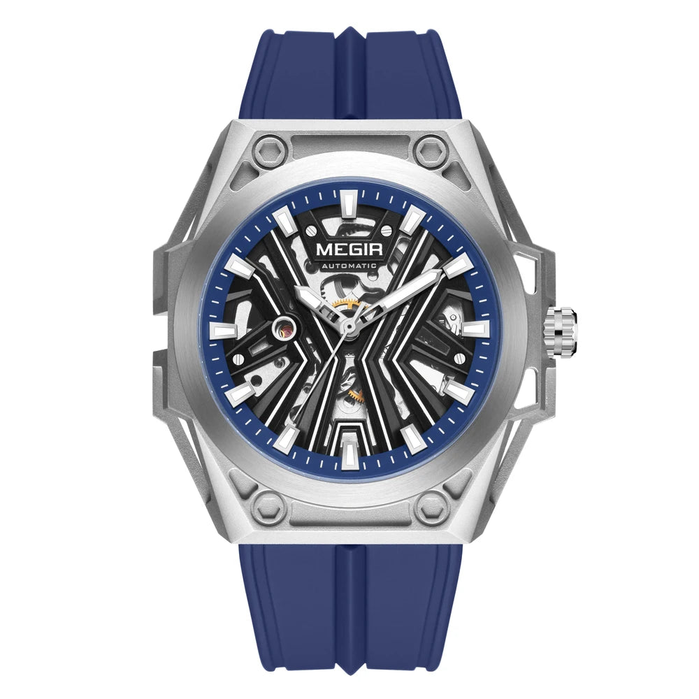 MEGIR Skeleton Dial Men Mechanical Watch Silicone Strap 316 Stainless Steel Case 50M Waterproof Automatic Wristwatches Men&