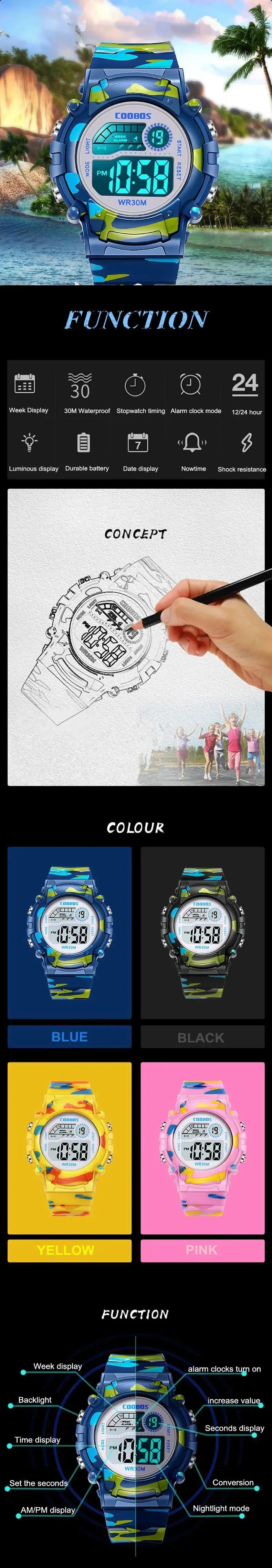 Waterproof Luminous Sport LED Digital Watches for Kids Inspirational Watches