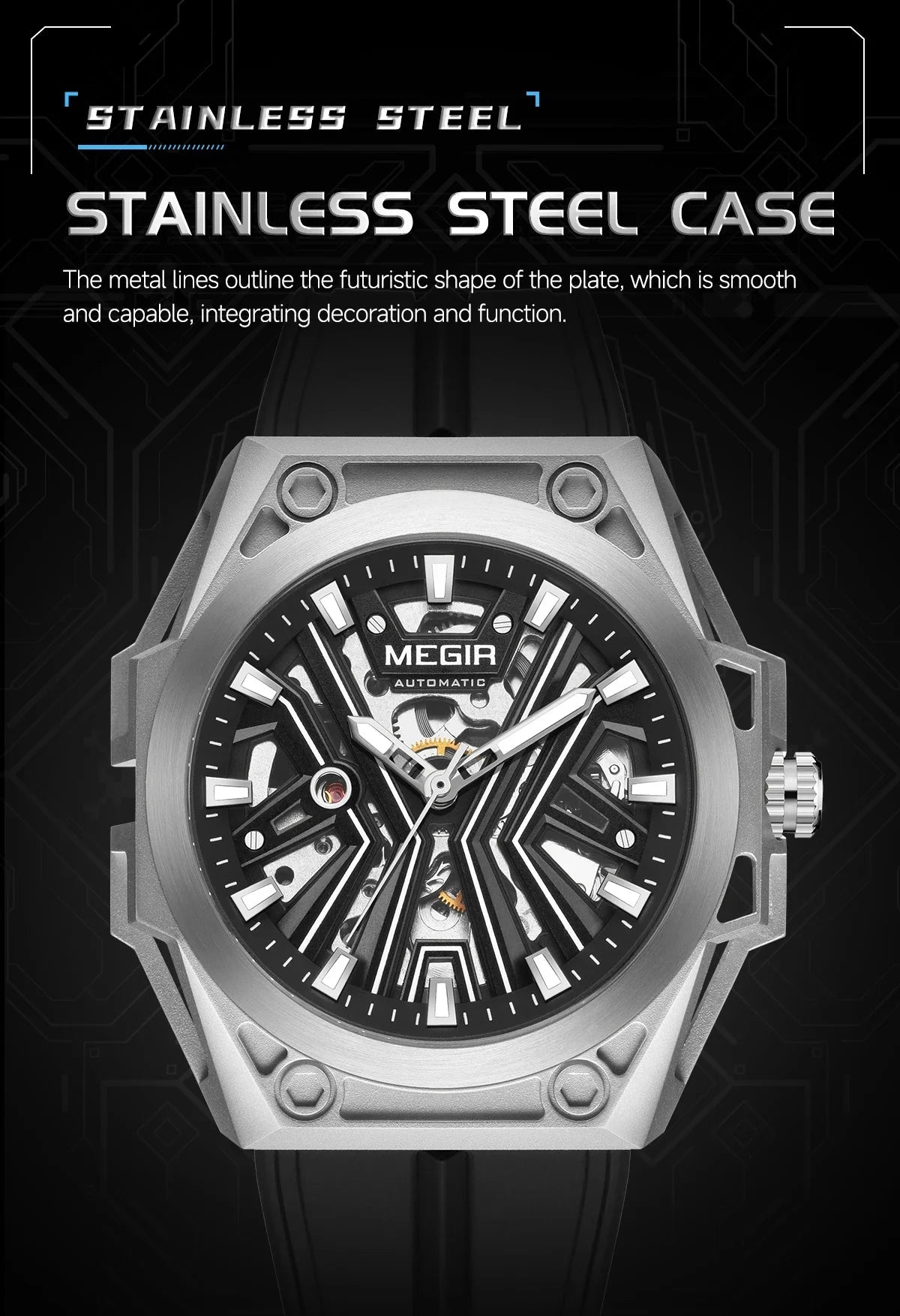 MEGIR Skeleton Dial Men Mechanical Watch Silicone Strap 316 Stainless Steel Case 50M Waterproof Automatic Wristwatches Men&