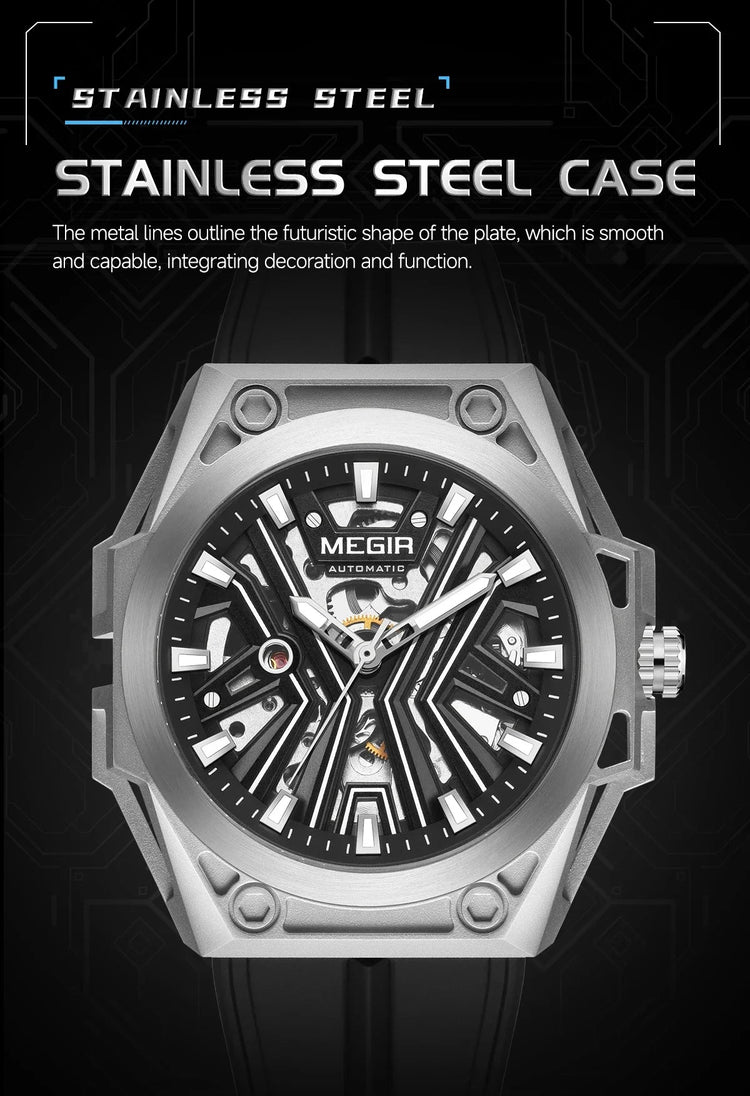 MEGIR Skeleton Dial Men Mechanical Watch Silicone Strap 316 Stainless Steel Case 50M Waterproof Automatic Wristwatches Men&