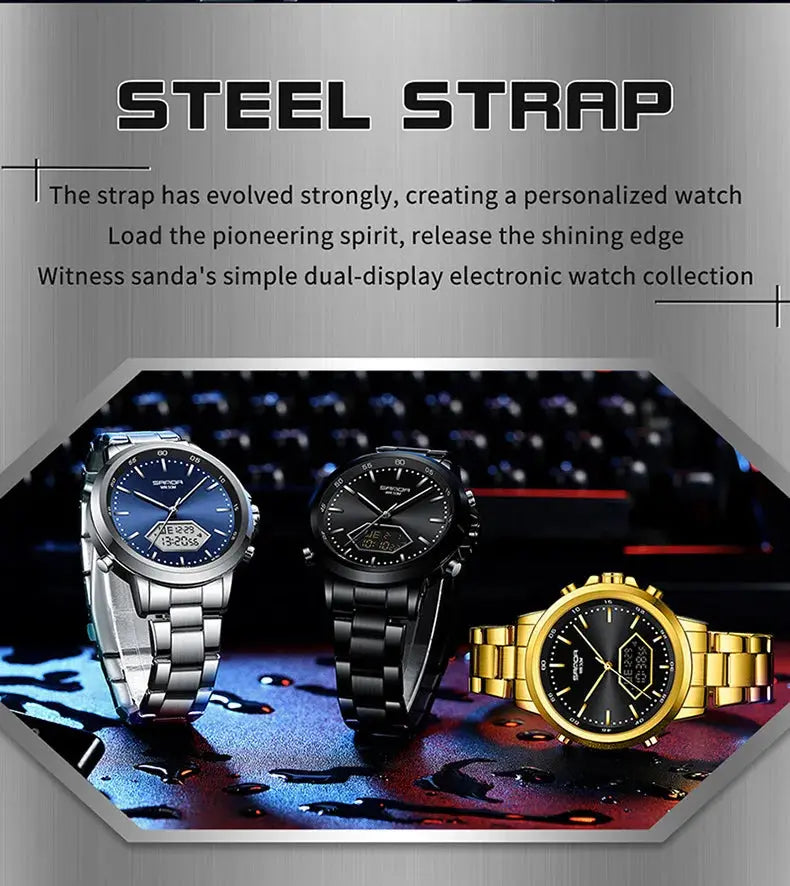 Dual Display Multi functional Night Light Waterproof Business Sports Watch Inspirational Watches