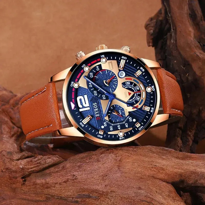 2PCS Set Fashion Calendar Watches Male Business Casual Brown Leather - Inspirational Watches