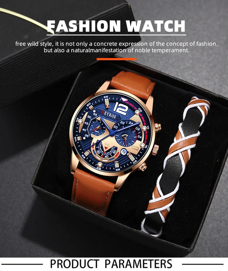 2PCS Set Fashion Calendar Watches Male Business Casual Brown Leather - Inspirational Watches