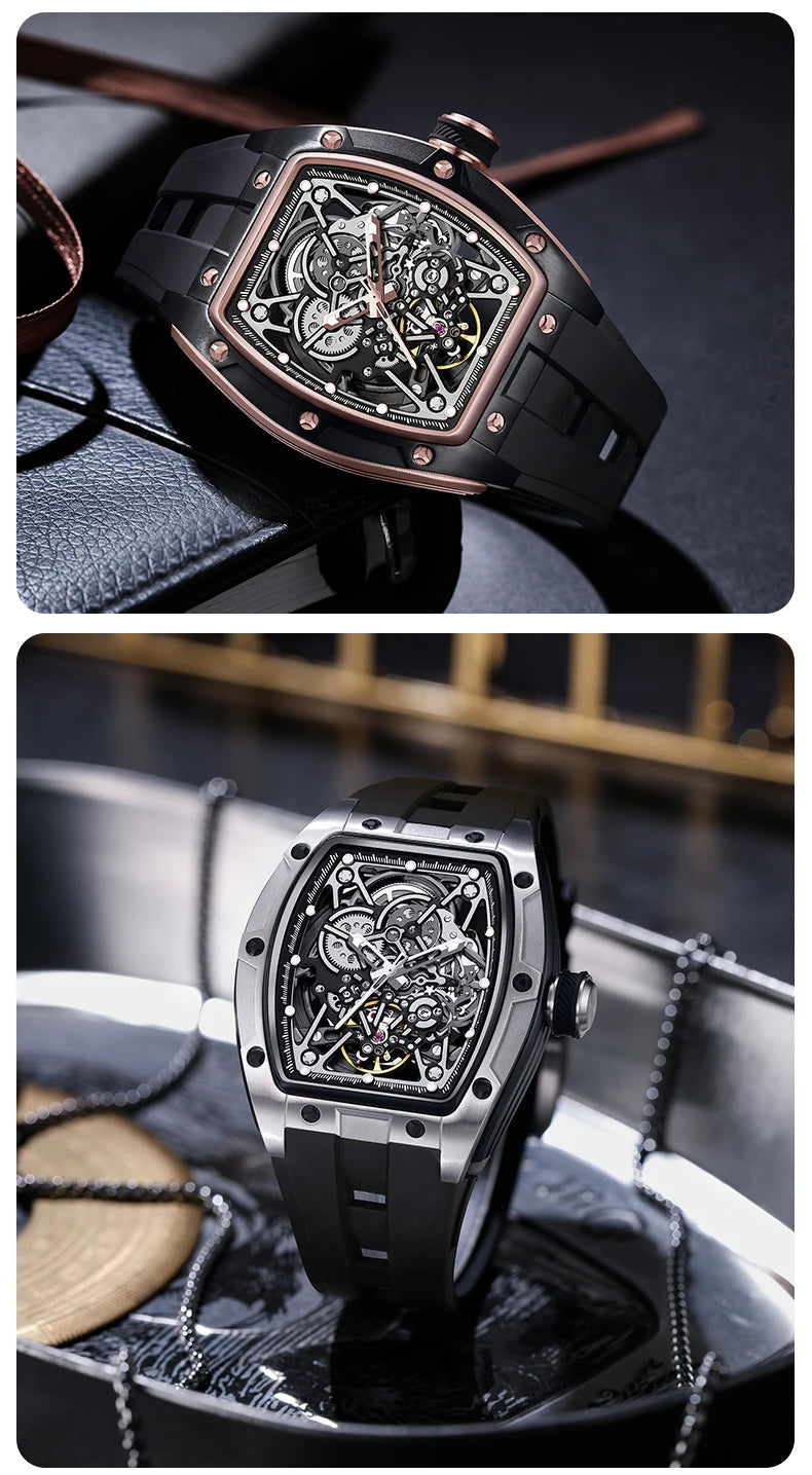 Mechanical Watch for Men Fashion Sport Analog Automatic Wristwatch Skeleton Stainless 50M Waterproof Watches with Tonneau Dial Inspirational Watches