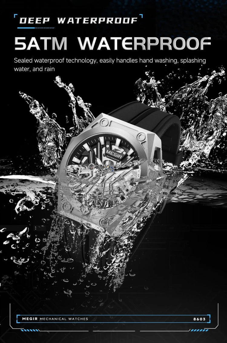 MEGIR Skeleton Dial Men Mechanical Watch Silicone Strap 316 Stainless Steel Case 50M Waterproof Automatic Wristwatches Men&