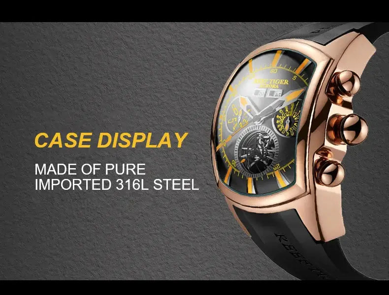 Reef Tiger 316L Stainless Steel Wine Barrel Automatic Watch Fashion Mulitfunction Tourbillon Mechanical Watches for Men RGA3069 Inspirational Watches