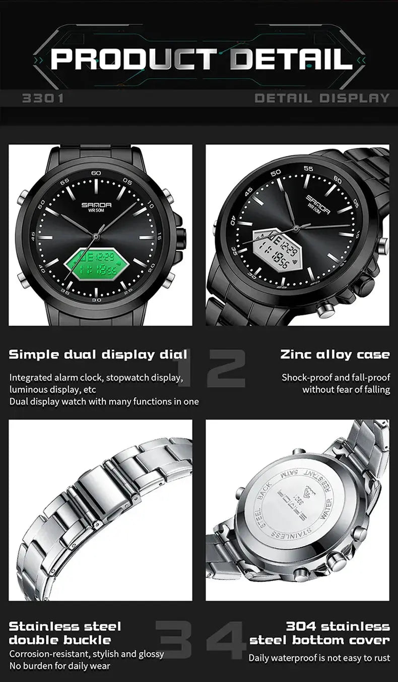 Dual Display Multi functional Night Light Waterproof Business Sports Watch Inspirational Watches