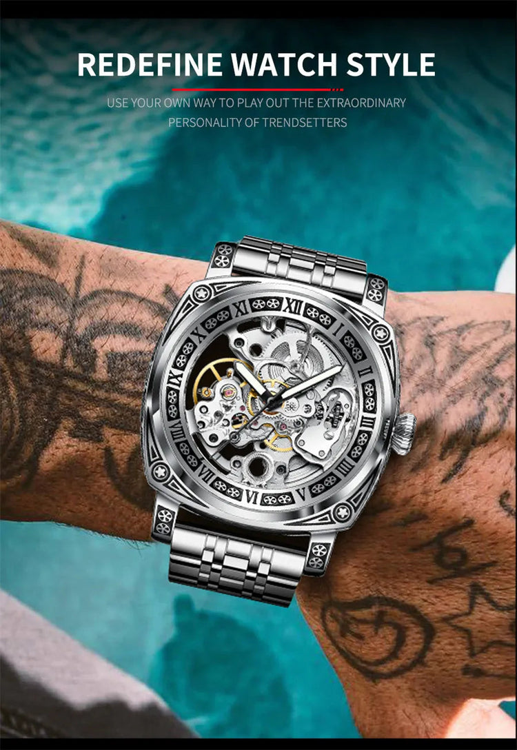 GLENAW Skeleton Mechanical Watch Men Vintage Engraved Auto Mechanical Wrist Watches Gold Stainless Steel Strap Erkek Kol Saati Inspirational Watches