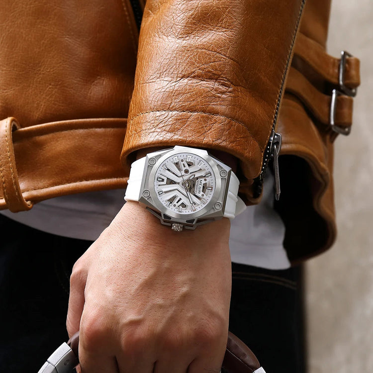 MEGIR Skeleton Dial Men Mechanical Watch Silicone Strap 316 Stainless Steel Case 50M Waterproof Automatic Wristwatches Men&