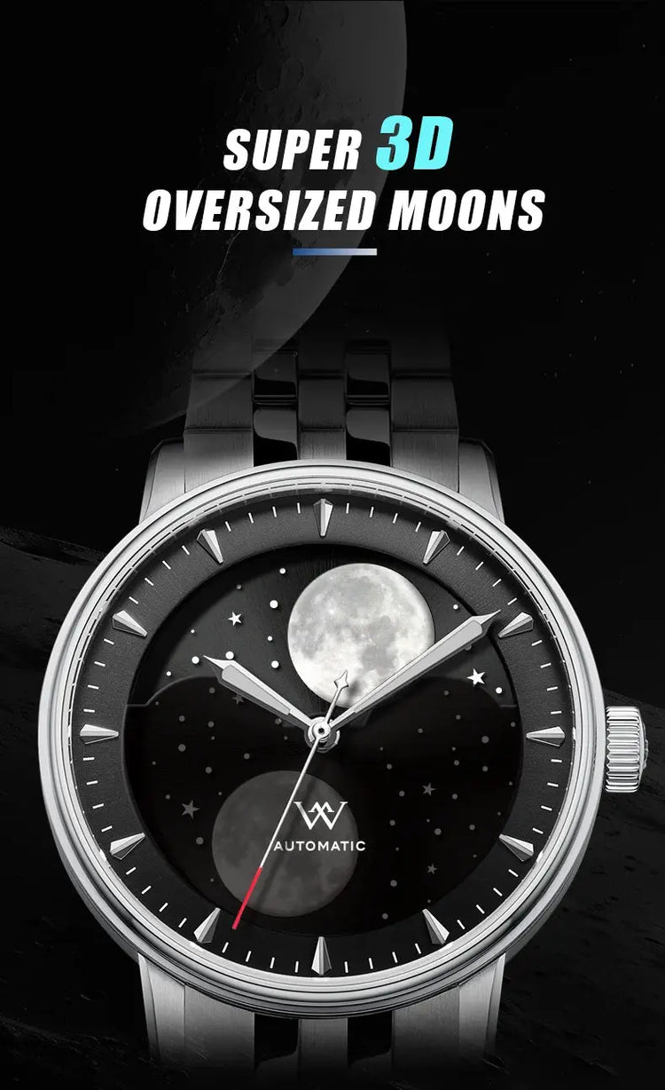 Lunar Moon Phase Automatic Mechanical Sapphire Waterproof Twin Moons Inspirational Watches