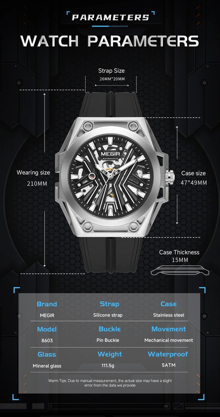 MEGIR Skeleton Dial Men Mechanical Watch Silicone Strap 316 Stainless Steel Case 50M Waterproof Automatic Wristwatches Men&