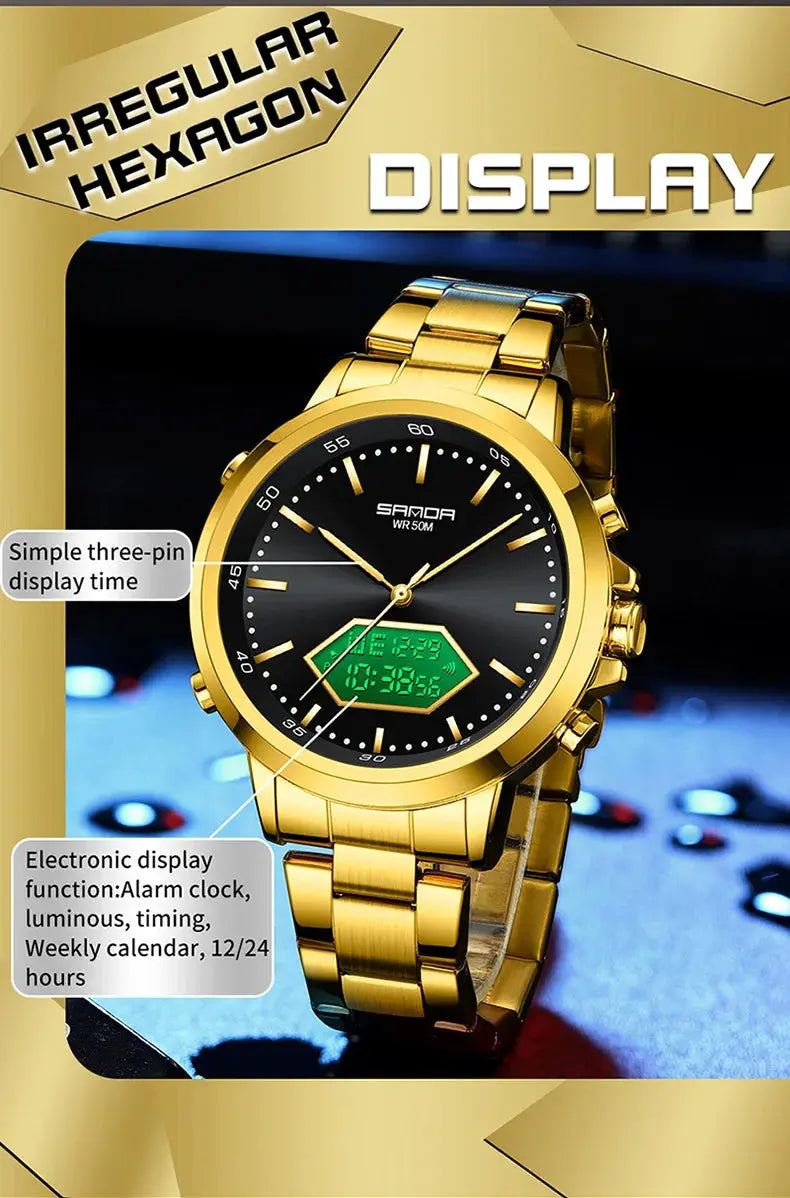 Dual Display Multi functional Night Light Waterproof Business Sports Watch Inspirational Watches