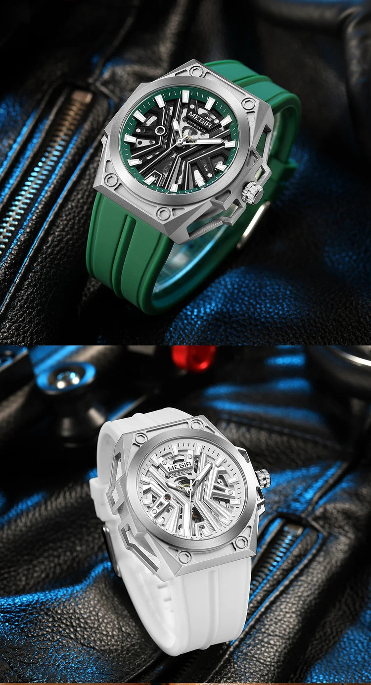 MEGIR Skeleton Dial Men Mechanical Watch Silicone Strap 316 Stainless Steel Case 50M Waterproof Automatic Wristwatches Men&