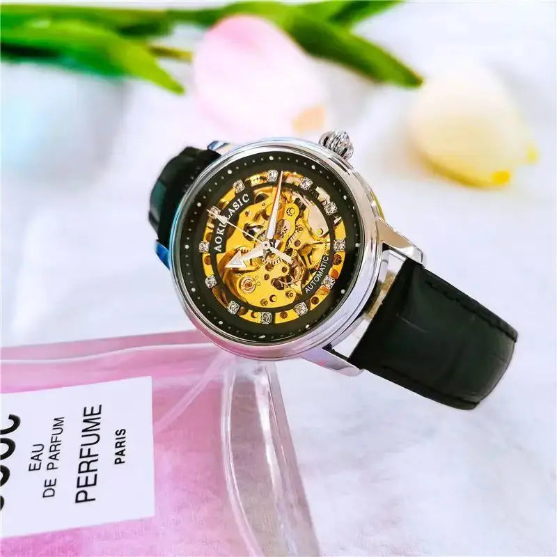 Augulas Genuine Hollow-Out Diamond-Encrusted Fully Automatic Mechanical Watch for Women, Fashionable and Simple, Luminous Waterproof Watch for Female Students, Trendy, the Best Gift for Her, No Battery Needed Inspirational Watches