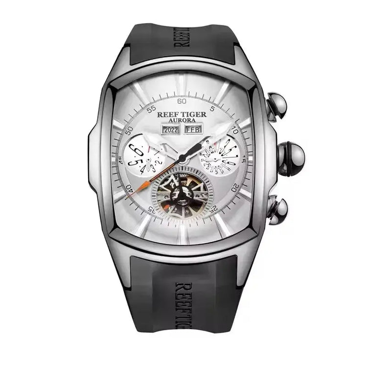 Reef Tiger 316L Stainless Steel Wine Barrel Automatic Watch Fashion Mulitfunction Tourbillon Mechanical Watches for Men RGA3069 Inspirational Watches