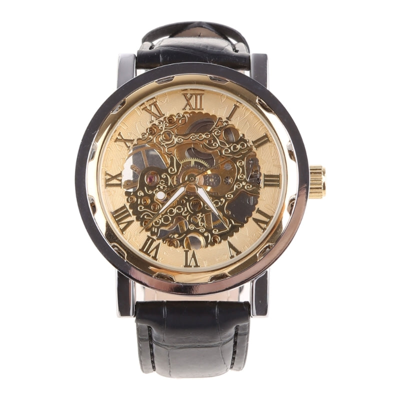Mens Mechanical Watch Black Leather Gold Skeleton Sport Wristwatch Cool Relogio Inspirational Watches