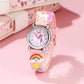 Pink unicorn kids quartz watch with rainbow strap, close-up