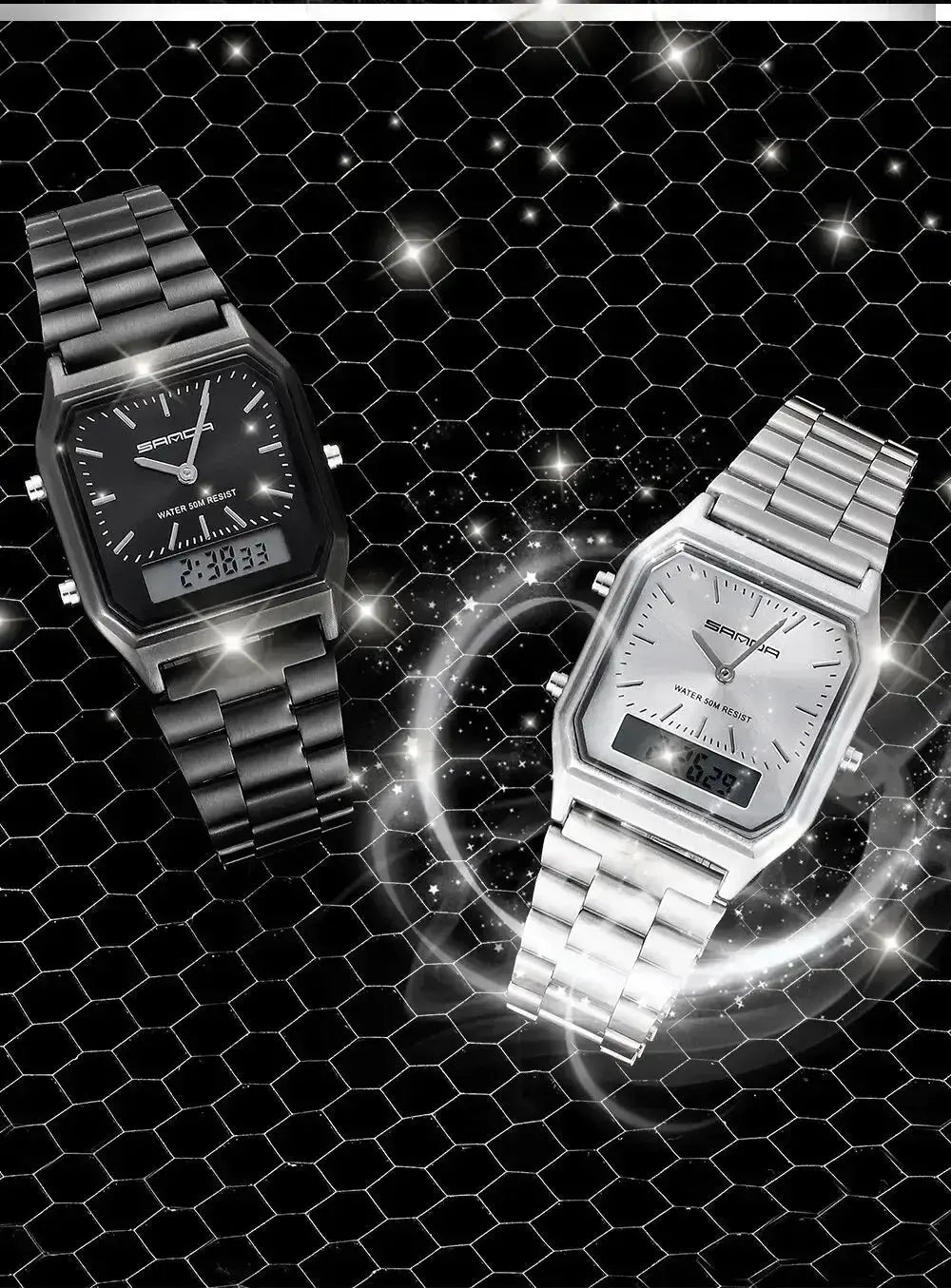 Stainless Steel LED Digital Dual Display Clock Waterproof Sports Watch Inspirational Watches