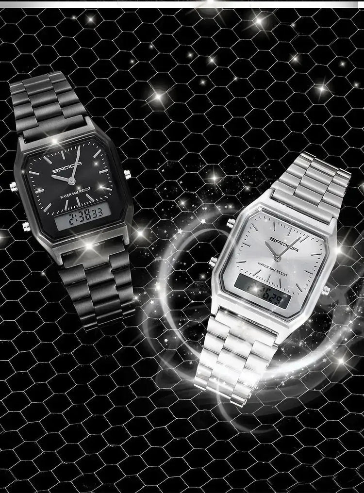 Stainless Steel LED Digital Dual Display Clock Waterproof Sports Watch Inspirational Watches