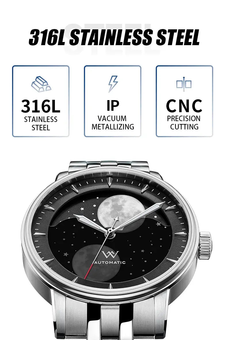 Lunar Moon Phase Automatic Mechanical Sapphire Waterproof Twin Moons Inspirational Watches