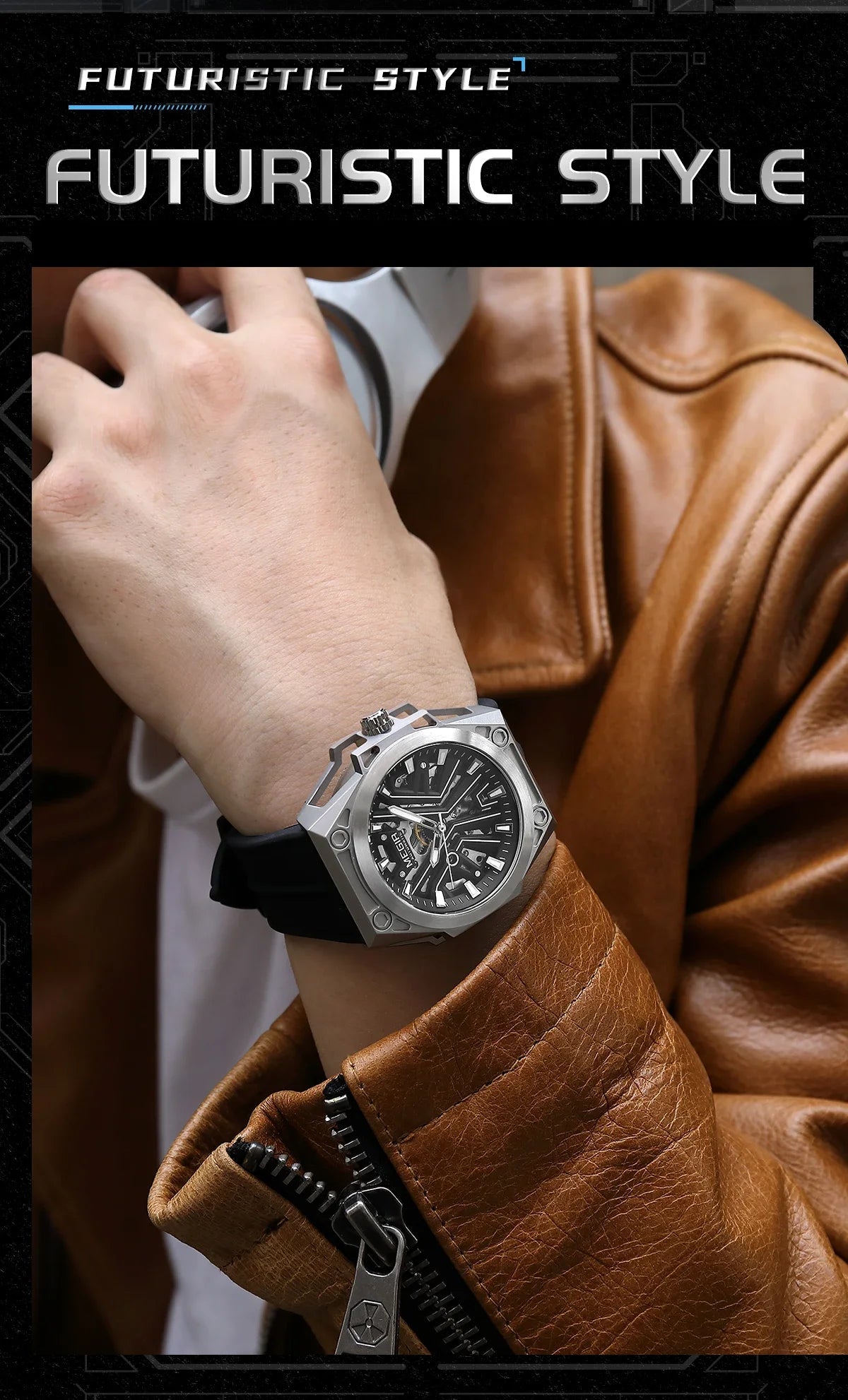 MEGIR Skeleton Dial Men Mechanical Watch Silicone Strap 316 Stainless Steel Case 50M Waterproof Automatic Wristwatches Men&