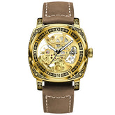 GLENAW Skeleton Mechanical Watch Men Vintage Engraved Auto Mechanical Wrist Watches Gold Stainless Steel Strap Erkek Kol Saati Inspirational Watches