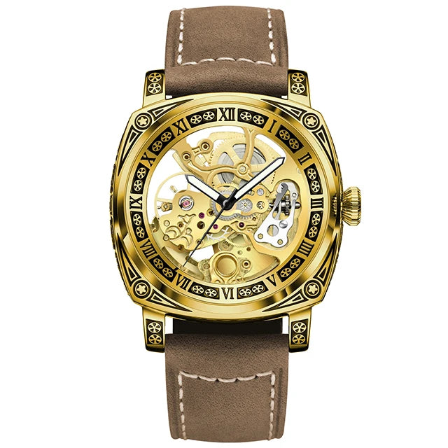 GLENAW Skeleton Mechanical Watch Men Vintage Engraved Auto Mechanical Wrist Watches Gold Stainless Steel Strap Erkek Kol Saati Inspirational Watches