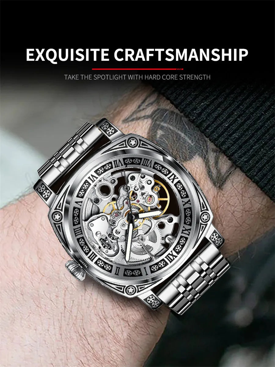 GLENAW Skeleton Mechanical Watch Men Vintage Engraved Auto Mechanical Wrist Watches Gold Stainless Steel Strap Erkek Kol Saati Inspirational Watches