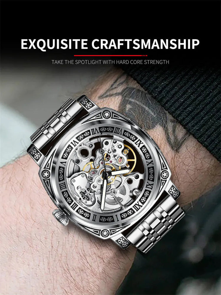 GLENAW Skeleton Mechanical Watch Men Vintage Engraved Auto Mechanical Wrist Watches Gold Stainless Steel Strap Erkek Kol Saati Inspirational Watches